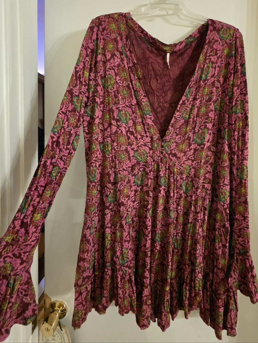 Free People Pink Floral Long Sleeve V-Neck Mini Dress